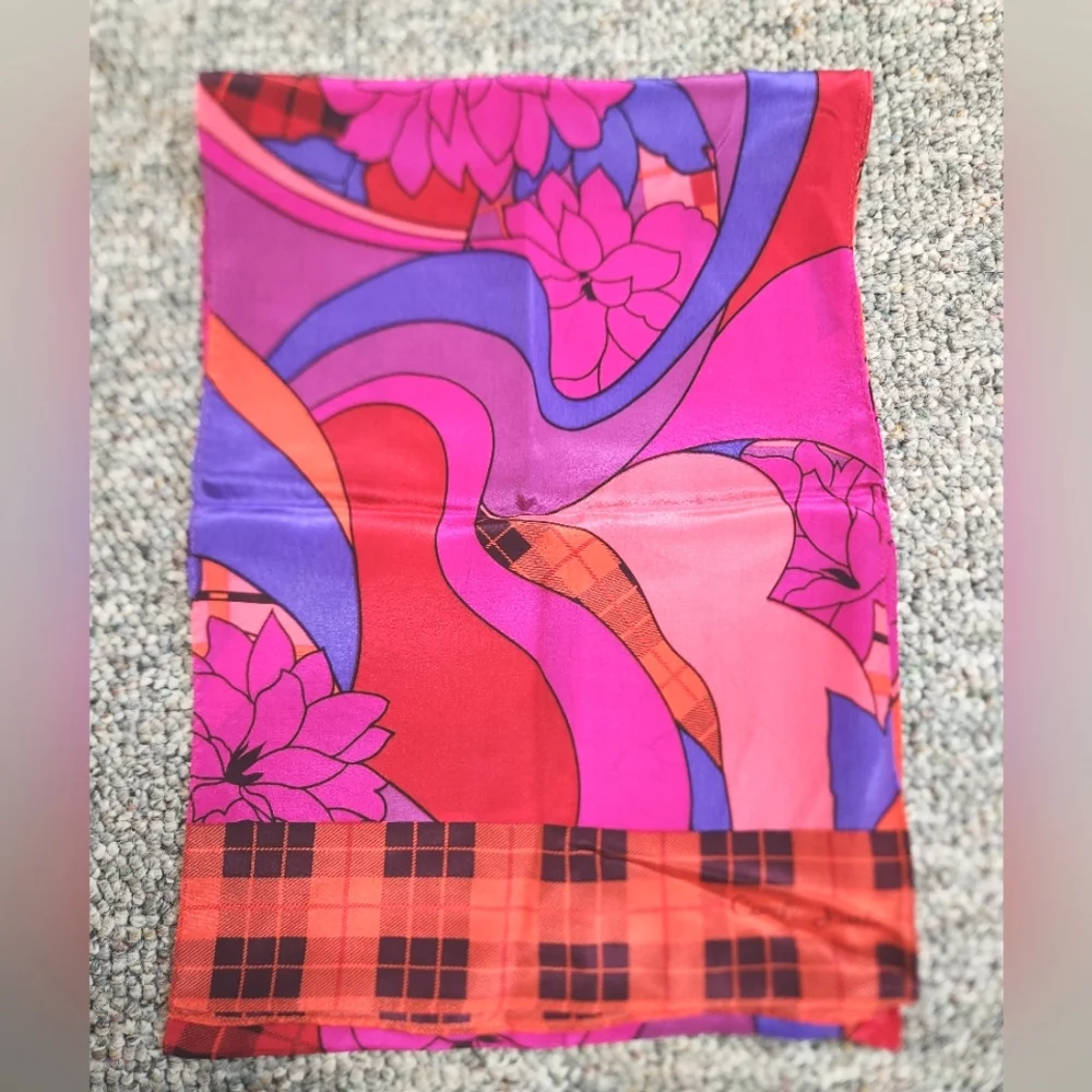 Carole Little Abstract Floral/Plaid Silk Oblong Scarf